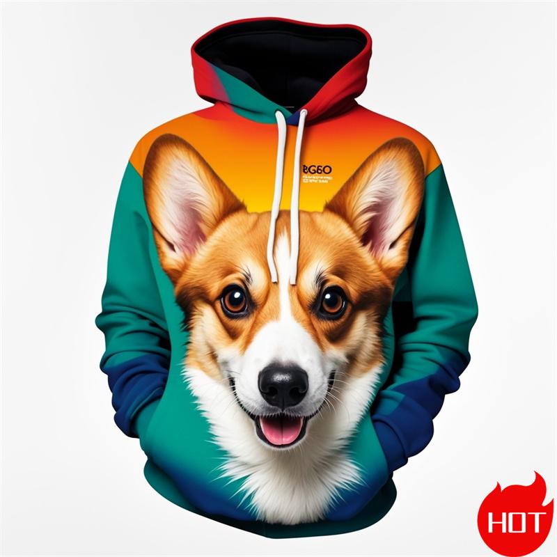 ETST 011 Vintage 3D schattige dieren Welsh Corgi print Nieuw binnen Hoodies & Sweatshirts Mode Corgi liefhebbers Streetwear Hooded Hoody Herenkleding 6XL