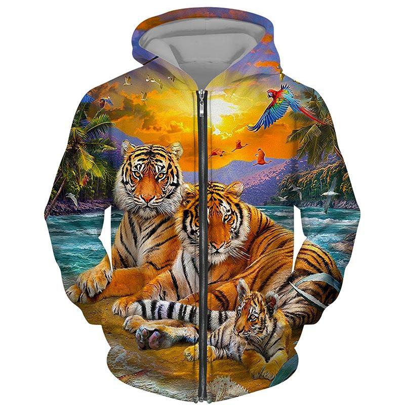 TIP723 Lente Herfst Mode Tijger Leeuw 3D Geprinte Hoodie Heren Mode Sportkleding met Ritssluiting Dierenpatroon Sportkleding Straatjas 5XL