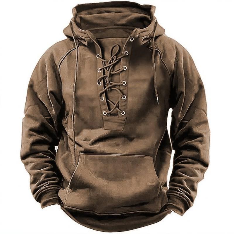 VantaGoods Heren Retro Lace-Up Hooded Sweatshirt - Effen Kleur, Trendy Merk, Grote Maat, Casual Lange Mouw Pullover