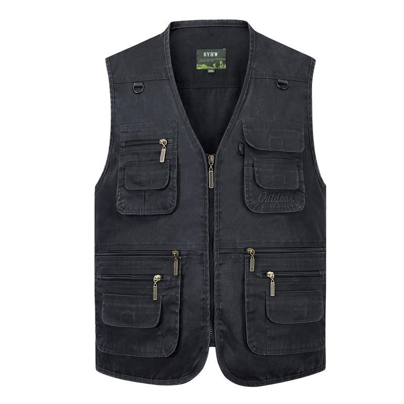 Lucky Black Cat Herenvest Vrijetijdsjack Lente en herfst Losse stijl Katoen Multi-pocket Rits Winddichte jas Kraagloos Mouwloos jack voor heren XXL