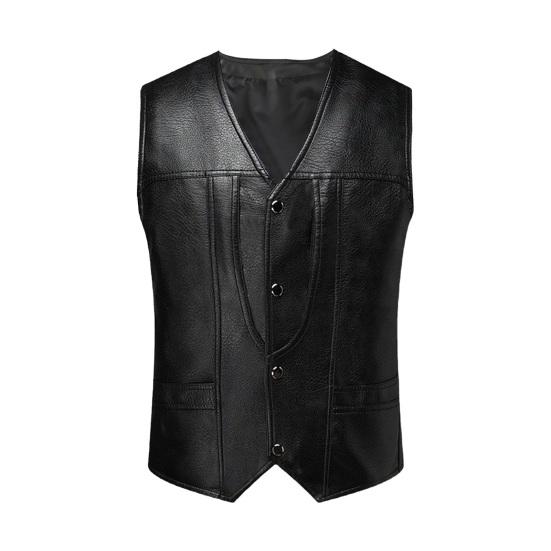 PLUM LAI Heren Kunstleren Vest V-hals Mouwloos Slim Fit Enkelrijs Vestjas met Zakken Effen Kleur M zwart
