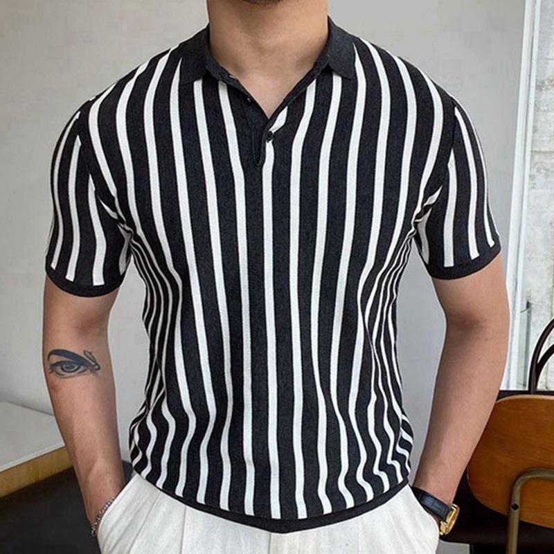 Phoca Largha for Men Zomer zwart-wit gestreept zakelijk casual poloshirt voor heren, groot los ademend heren-T-shirt met korte mouwen L zwart