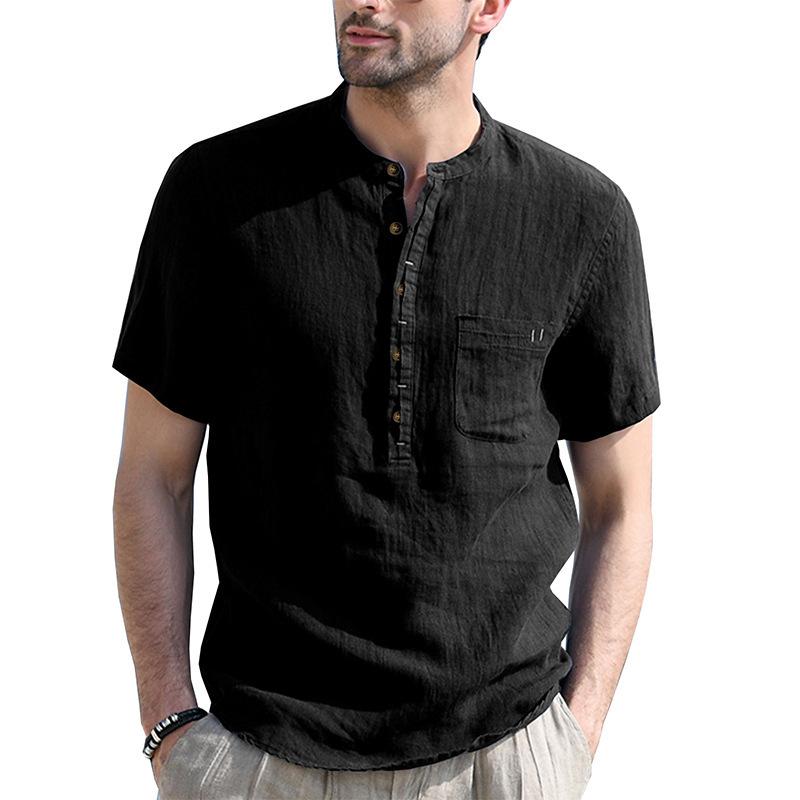 Phoca largha Heren Henley-overhemden Bandkraag Korte mouw Overhemd Casual Zomer Strand Tops Overhemd Basic T-shirt Effen Ademend 5-knoops Comfortabel overhemd voor mannen S zwart