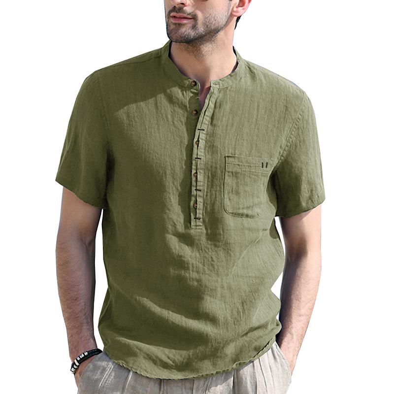 Phoca largha Heren Henley-overhemden Bandkraag Korte mouw Overhemd Casual Zomer Strand Tops Overhemd Basic T-shirt Effen Ademend 5-knoops Comfortabel overhemd voor mannen L legergroene kleur