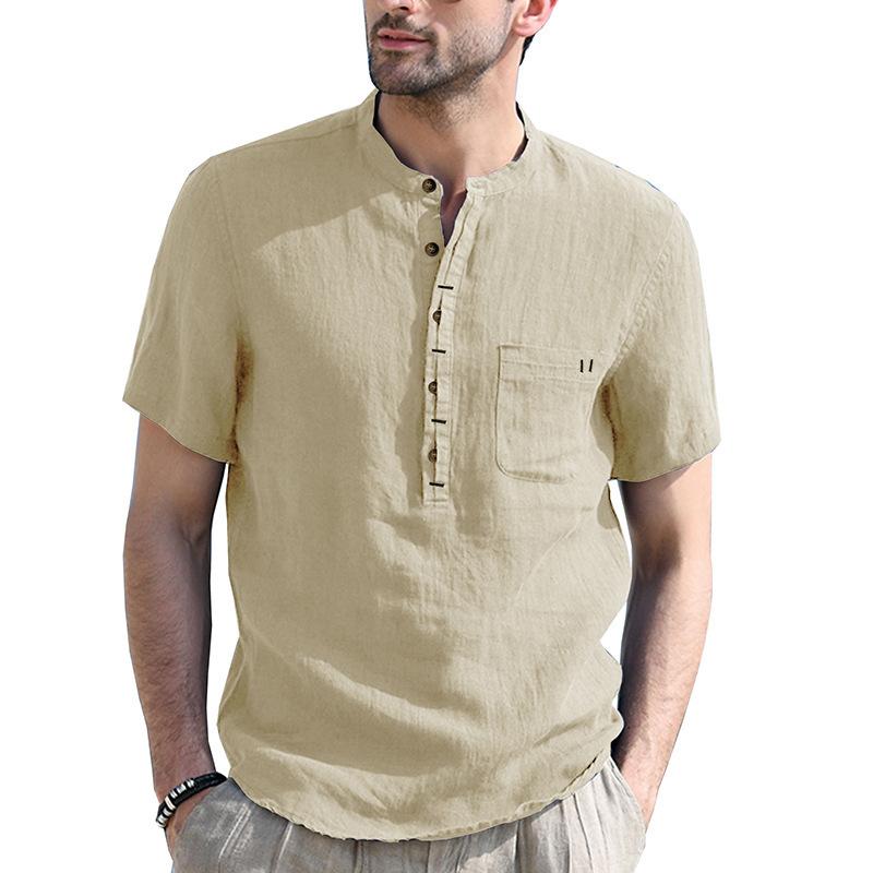Phoca largha Heren Henley-overhemden Bandkraag Korte mouw Overhemd Casual Zomer Strand Tops Overhemd Basic T-shirt Effen Ademend 5-knoops Comfortabel overhemd voor mannen XL abrikoos