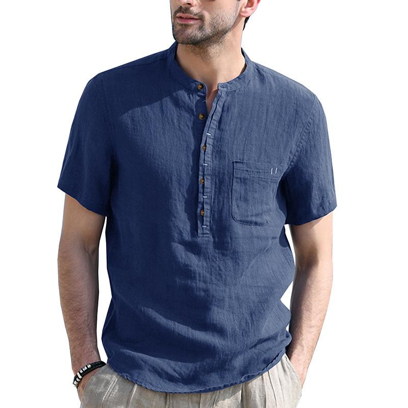 Phoca largha Heren Henley-overhemden Bandkraag Korte mouw Overhemd Casual Zomer Strand Tops Overhemd Basic T-shirt Effen Ademend 5-knoops Comfortabel overhemd voor mannen XXL saffier