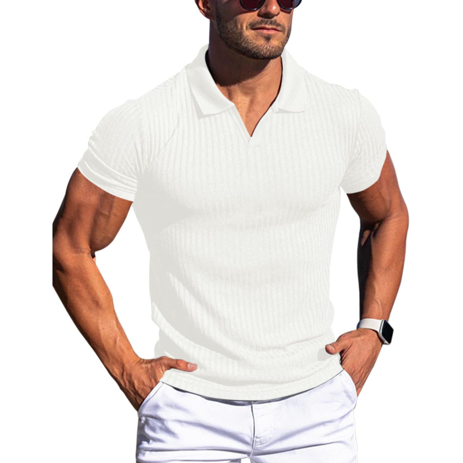 Phoca largha Heren Spier V-hals Poloshirts Slim Fit Korte Mouw Golf T-shirts Geribbelde Gebreide Zachte T-shirts Zomer Kraag Pullover voor Heren Ademende T-shirts S wit