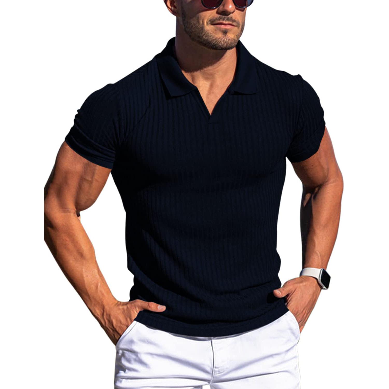 Phoca largha Heren Spier V-hals Poloshirts Slim Fit Korte Mouw Golf T-shirts Geribbelde Gebreide Zachte T-shirts Zomer Kraag Pullover voor Heren Ademende T-shirts S Vloot