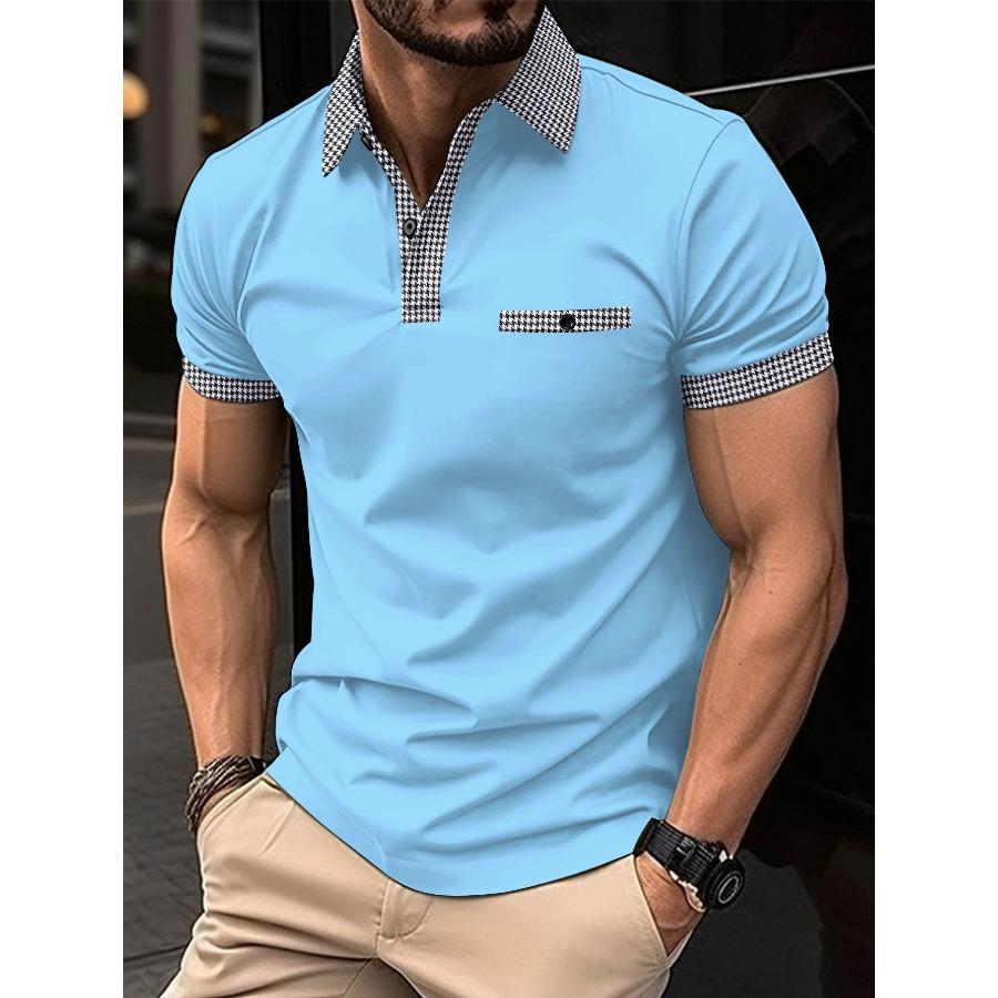 Plus Size FUGUIS Heren Korte Mouw Polo Kraag T-shirt Wit Zwart Blauw Poloshirts Heren Casual Patchwork Plaid Print Tops M lichtblauwe kleur