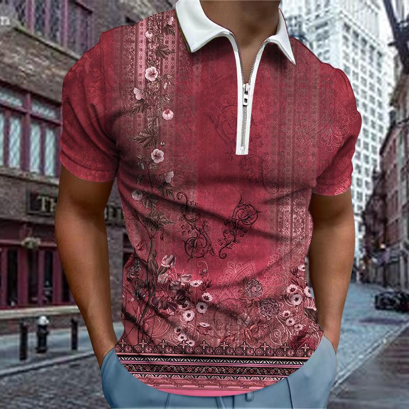 3D Fashion Design Clothing Casual Revers T-shirt Jonge Mannen Mode Rits T-shirt Korte Mouw T-shirt Mannen 3D Retro Patroon T-shirt 8XL bruin