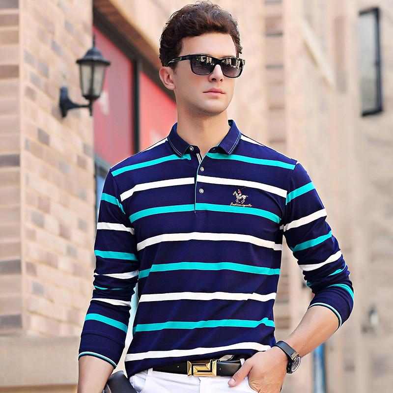 Ding Mao Clothing Mannelijke Polo Shirt Tops Lente Herfst Mannen Casual Heren Polo Shirts Met Lange Mouwen Heren Streep Polo Shirt XXXL hemelsblauwe kleur