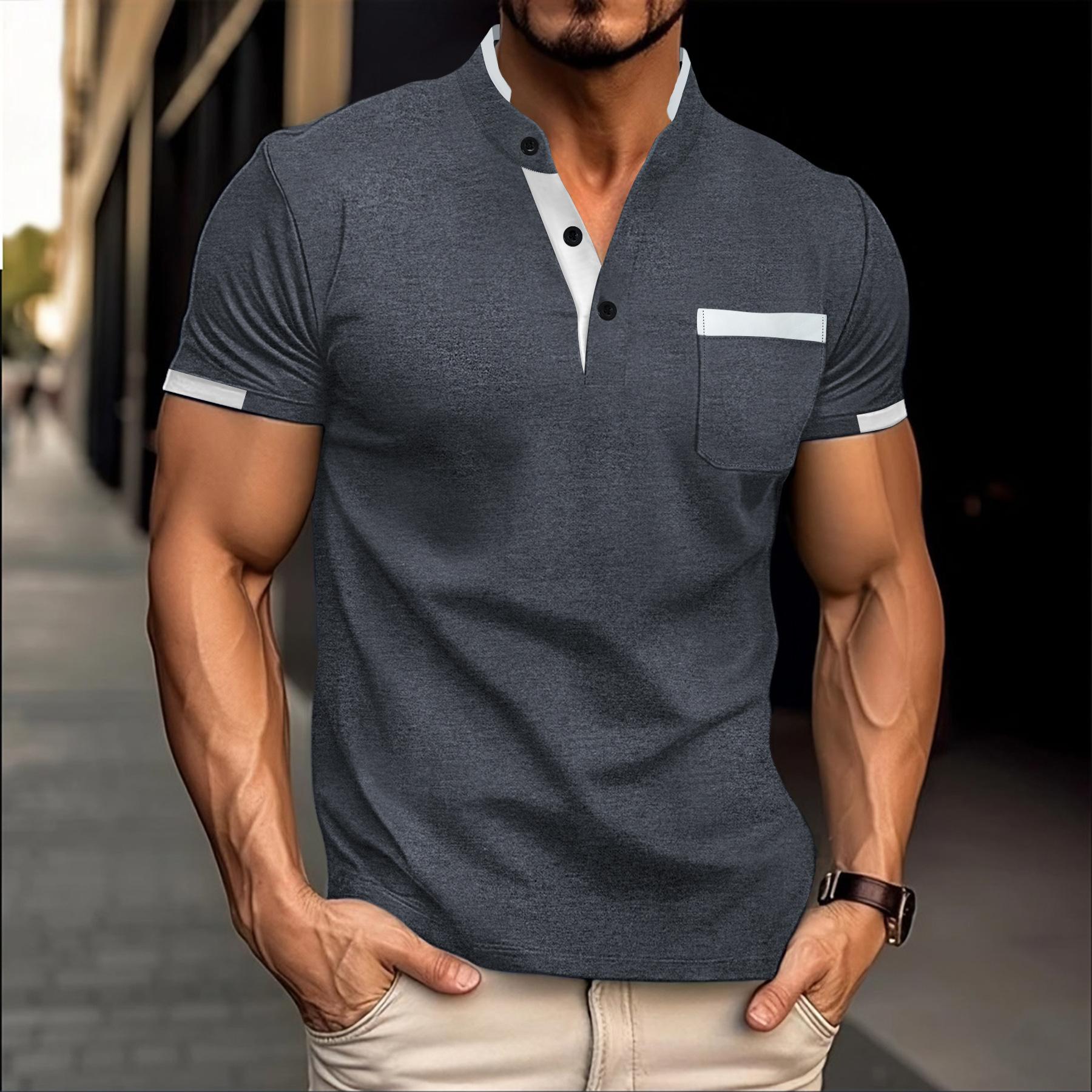 Fashion human Zomer nieuw poloshirt met zakken, opstaande kraag, korte mouwen, heren poloshirt L grijze kleur