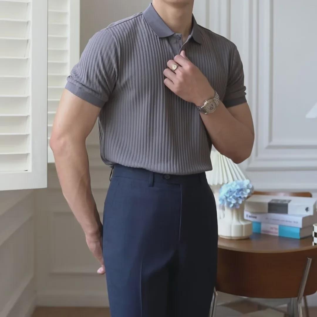 VantaGoods Heren Casual Retro Gestreept Effen Kleur Korte Mouw Poloshirt M donkergrijze kleur