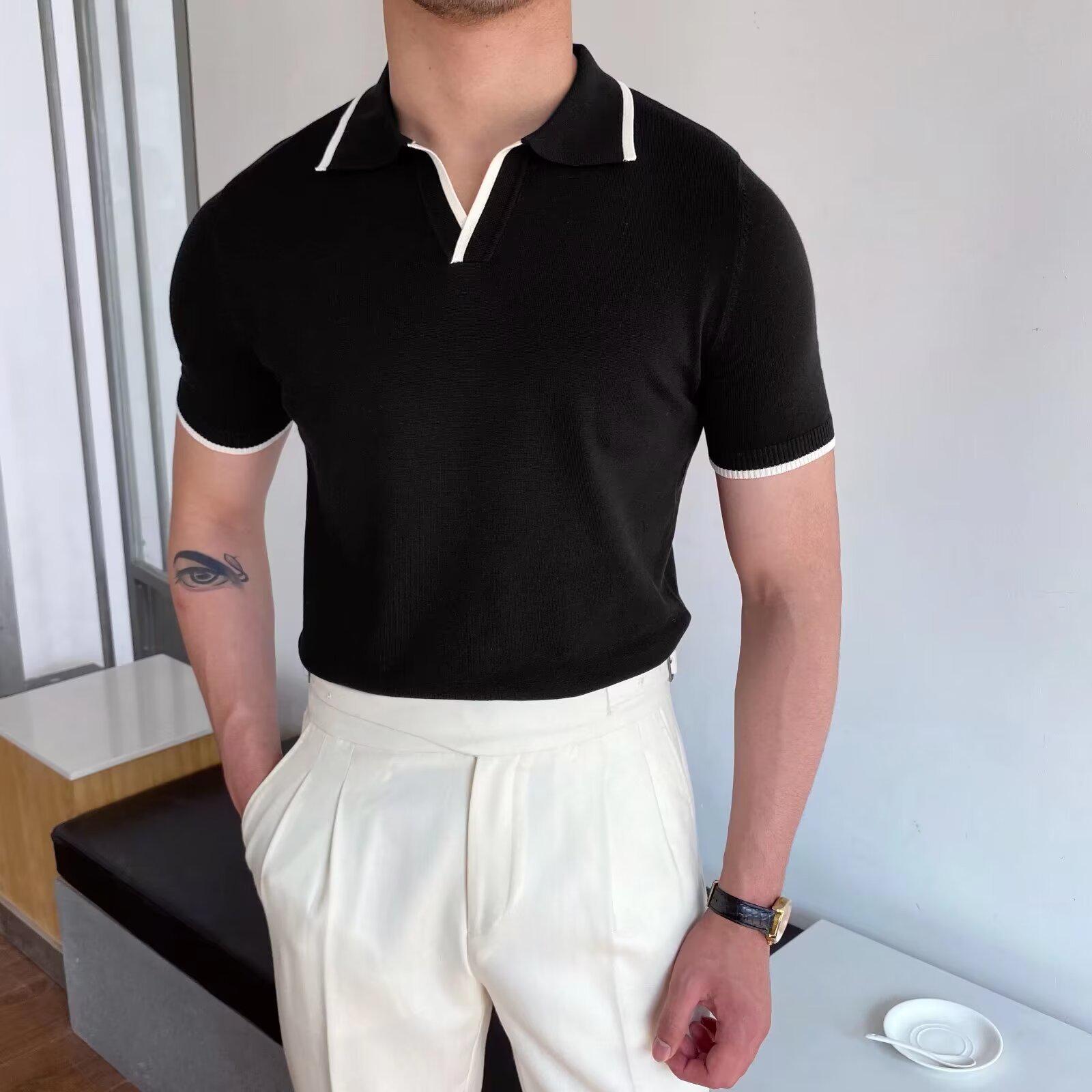 VantaGoods Heren Zomer Slim Fit Ice Silk Polo - Korte Mouw, Pure Kleur, Casual Koreaanse Stijl M zwart