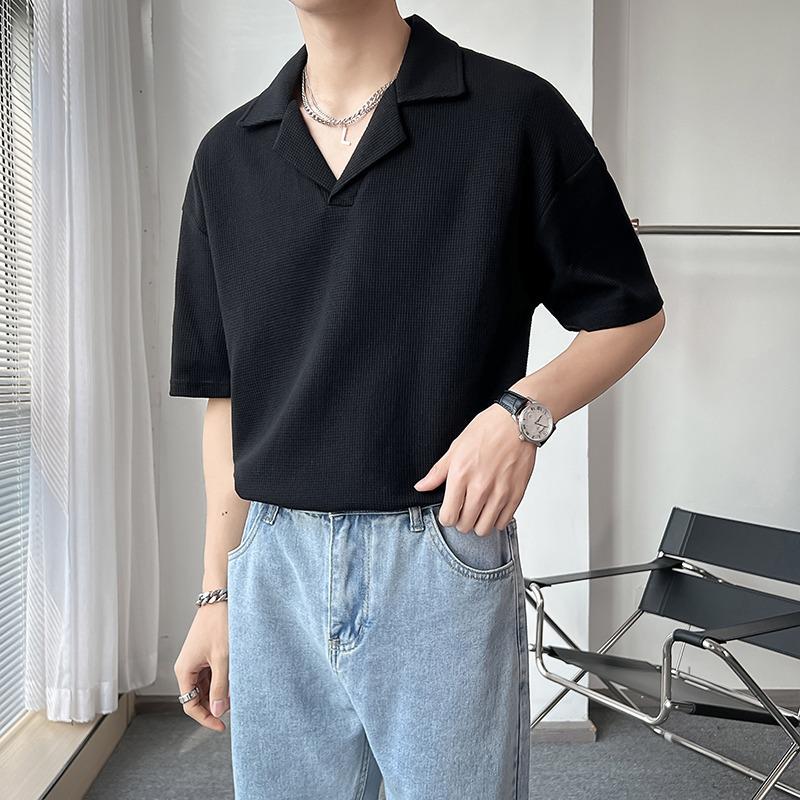 VantaGoods Heren licht volwassen stijl Cubaanse kraag polo - effen kleur, losse pasvorm, verlaagde schouders, halflange mouw T-shirt XL zwart