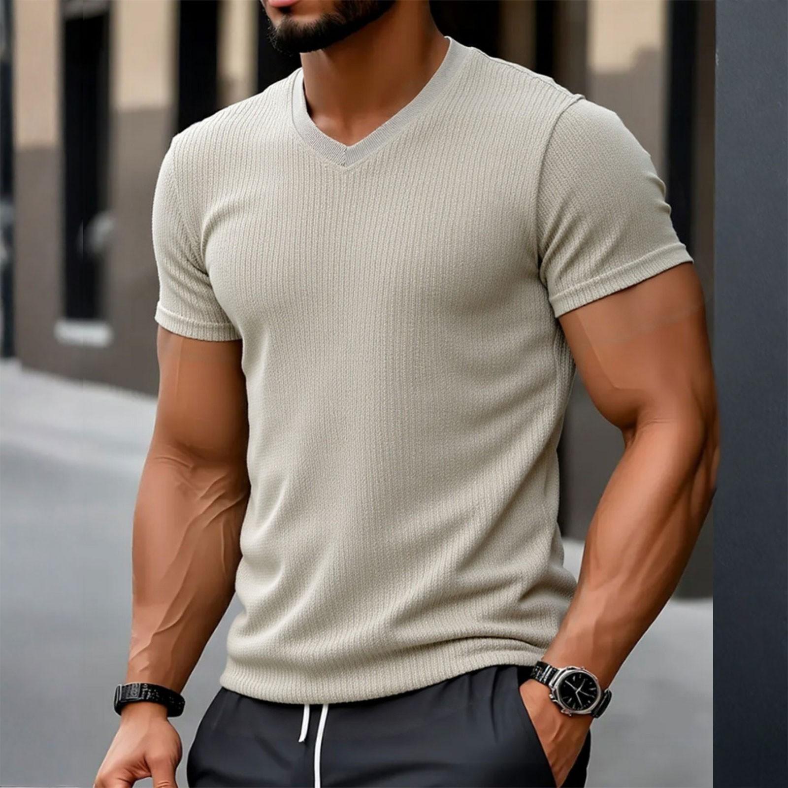 Ren Bag Heren Ademend Casual Effen Kleur Hartvormige Kraag Getextureerd Muscle Fit Atletisch Workout T-shirt M kaki