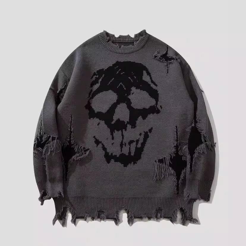 ZSIIBO Amazing Hiphop donkere straat Europees en Amerikaans skelet jacquard gescheurde trui herfst en winter heren en dames losse trui gebreide trui 3XL