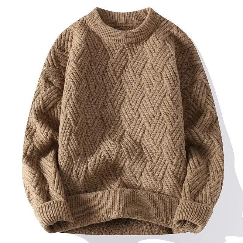 Warm Land Winterkabeltrui voor heren: Casual, effen kleur, lichte, volwassen stijl, ronde hals trui. M bruin