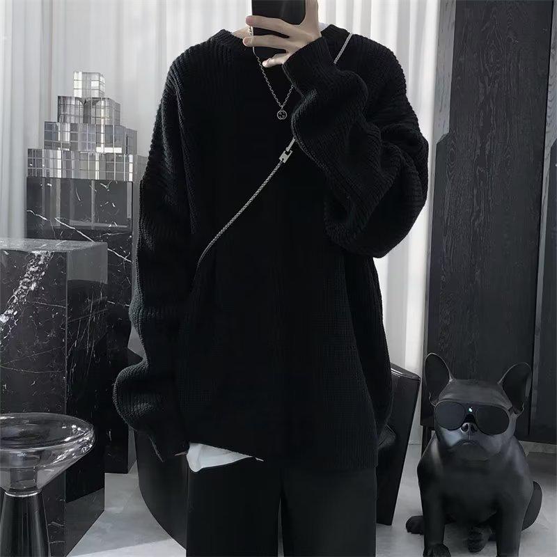 VantaGoods Jongens Japanse Retro Losse Ronde Hals Trui - Effen Kleur, Herfst/Winter Trendy Stijl 2XL zwart