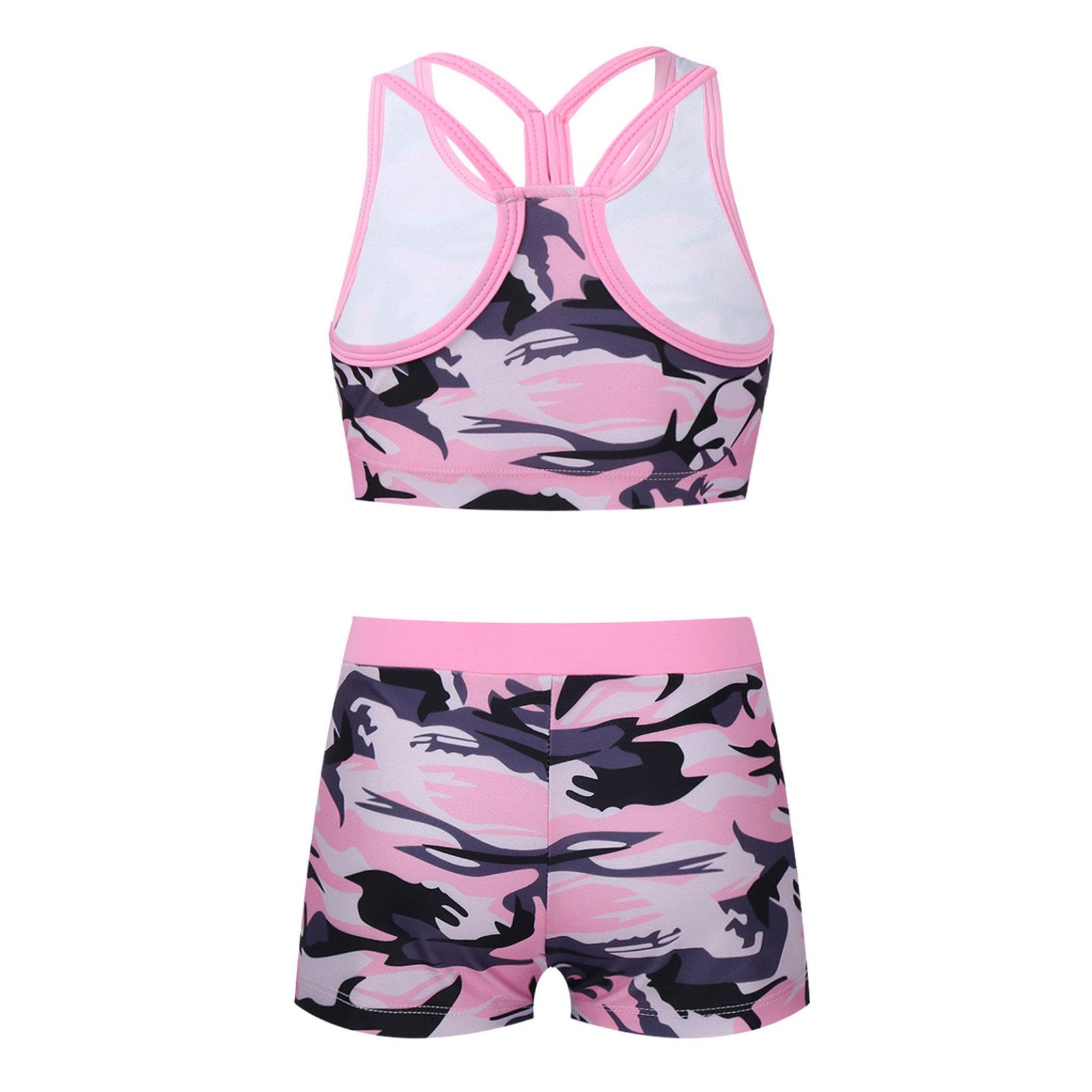 IEFiEL Kindermeisjeszwemkleding Racerback crop-tanktop met boyshorts Bodems Tweedelige bikiniset 12-14Years roze
