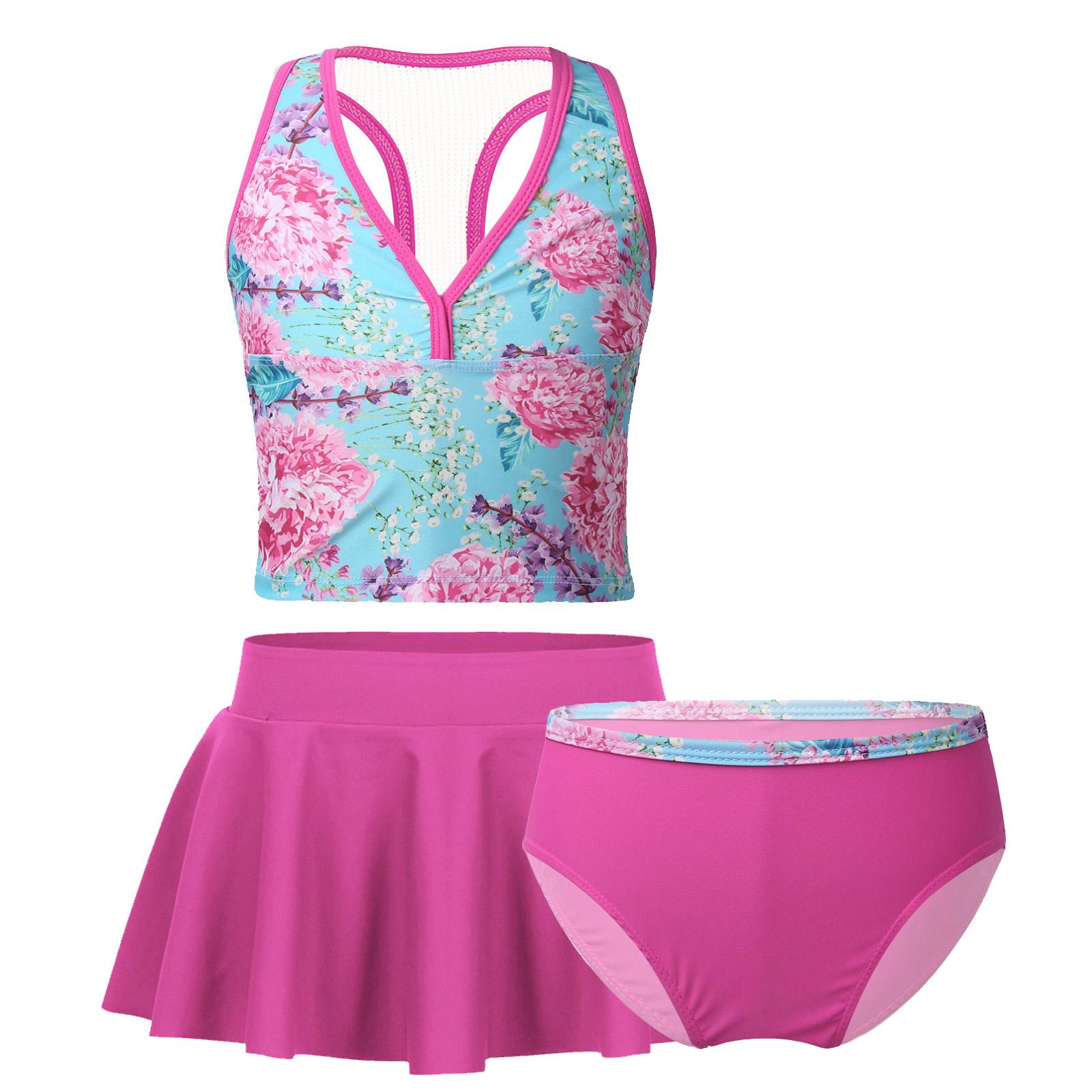 IEFiEL 3 stks/set Meisjes Badmode Tops Bodems Rok Baby Bikini Kinderen Badpak Badpak Beachwear 7-8 Years rozerode kleur