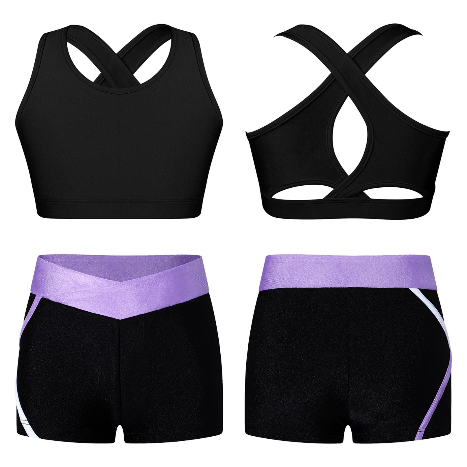 Inhzoy Meisjesbikinitankiniset Tanktop + shorts Tweedelig sportpak Sportkleding Kinderballetshirt Sportset Danskleding 13-14 Years zwart/lavendel