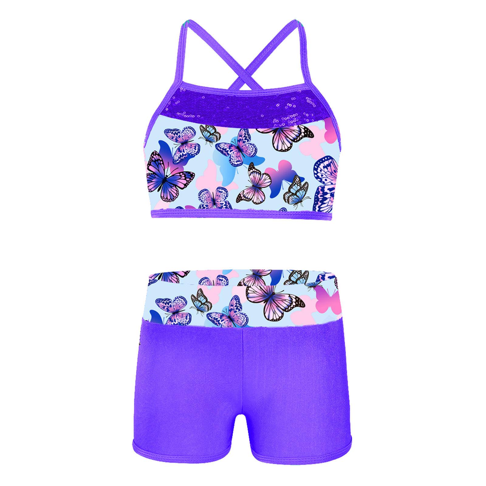 IEFiEL 2 Kinderen Meisjes Atletische Outfit Badmode Tankini Schalen Tops met Broeken Gymnastiek Sport Danskleding 11-12 Years paars