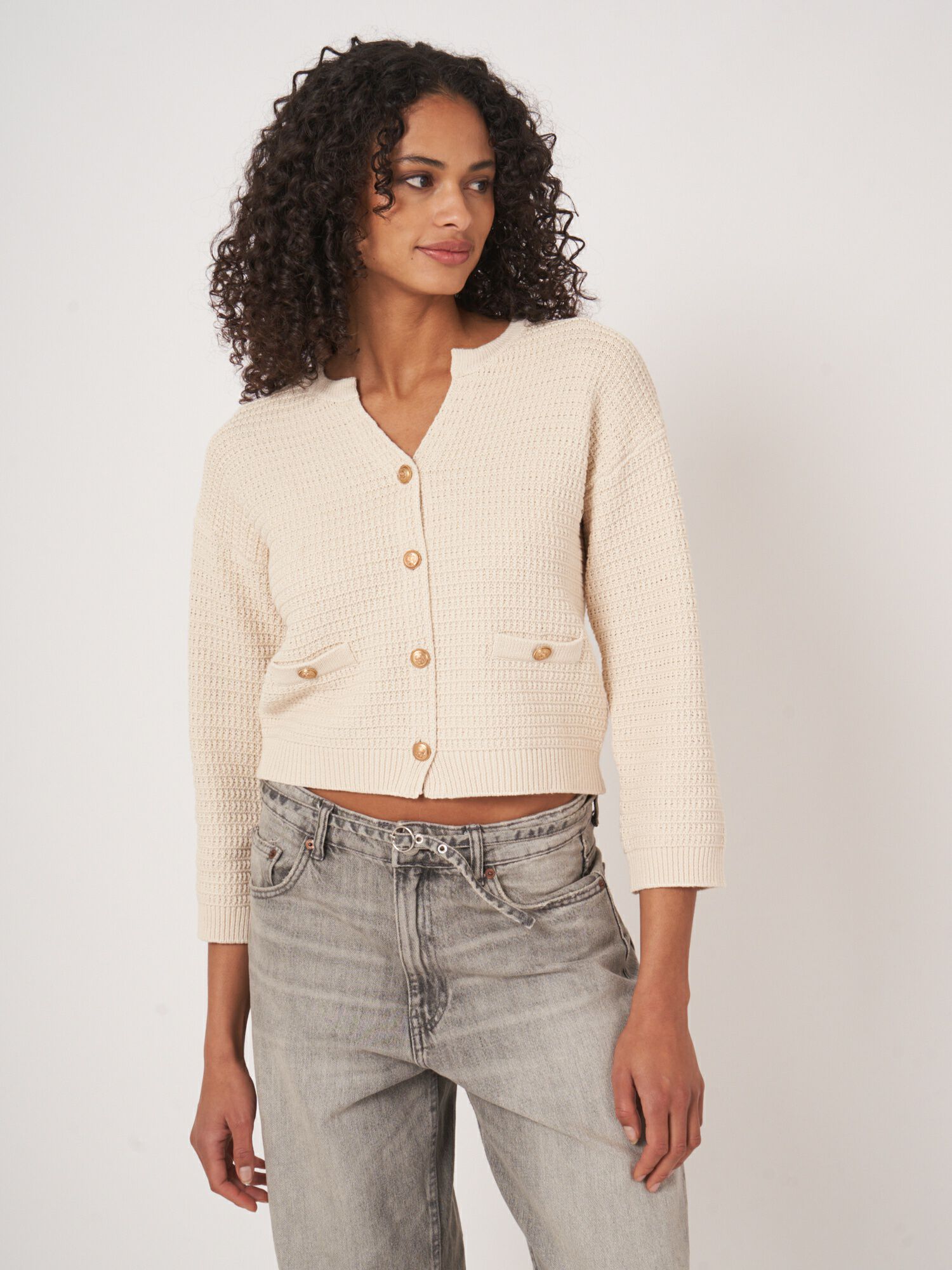 REPEAT cashmere Cardigan met textuur van zuiver katoen