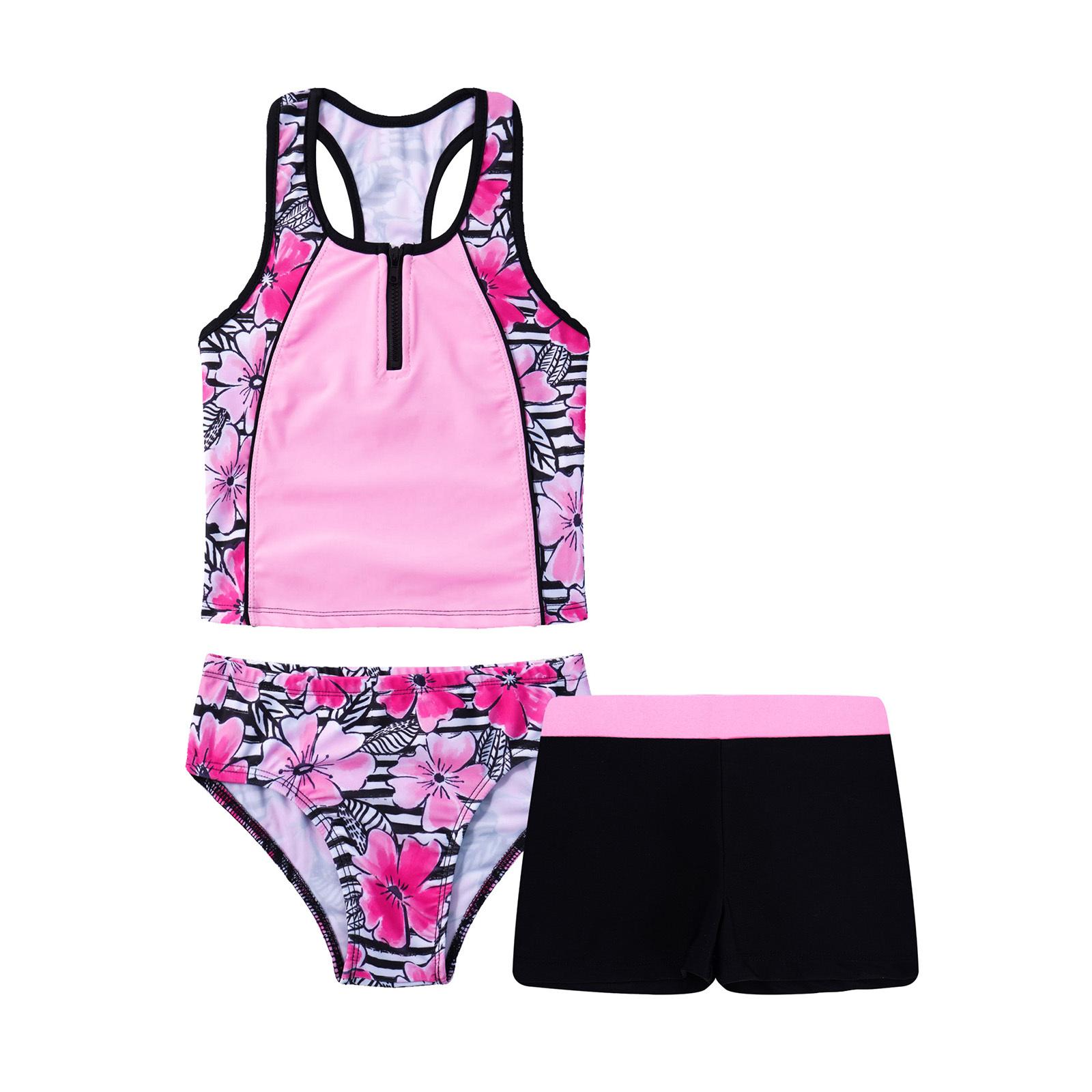 Yeahdor Kinderen Meisjes 3 Stuks Badpak Mouwloos Bloemenprint Tops met Shorts Bottoms Set Tankini Badpak 13-14 Years roze