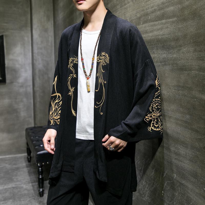 SHIZI Mode Kostuum Borduurwerk Hanfu Mannen Chinese Stijl Linnen Gewaad Cardigan Jas Oversized Kimono Oude Jas Mannelijk L zwart