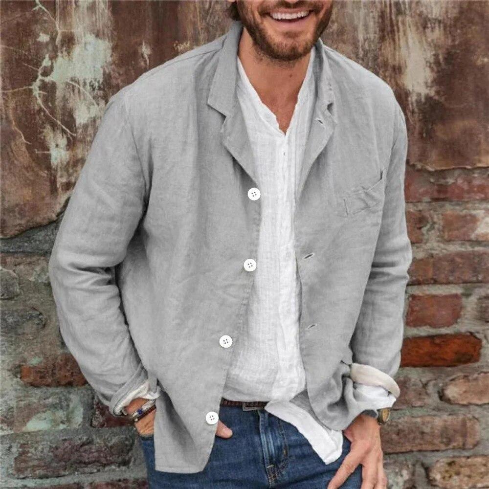 Decorations1 Heren lange mouwen katoenen linnen revers blazer jas knop vest shirts L grijze kleur