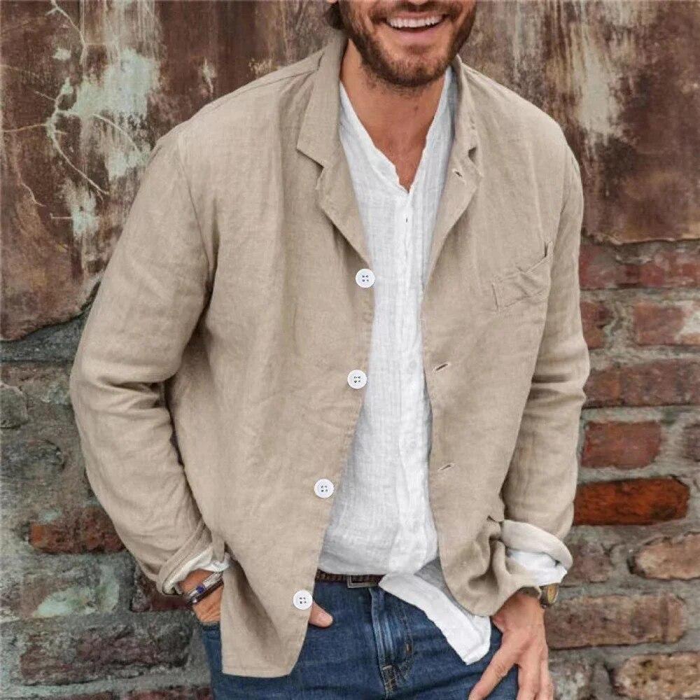 Decorations1 Heren lange mouwen katoenen linnen revers blazer jas knop vest shirts XXXL kaki