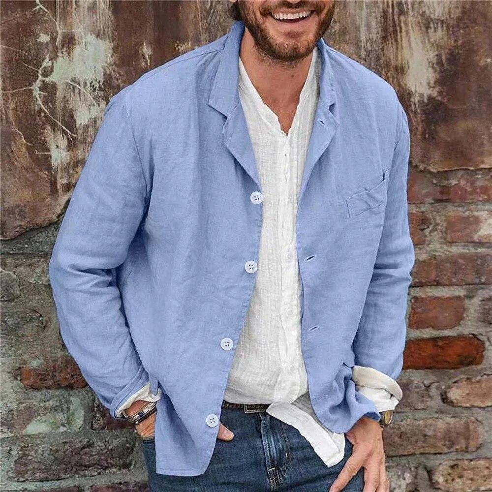 Decorations1 Heren lange mouwen katoenen linnen revers blazer jas knop vest shirts XXXL blauw