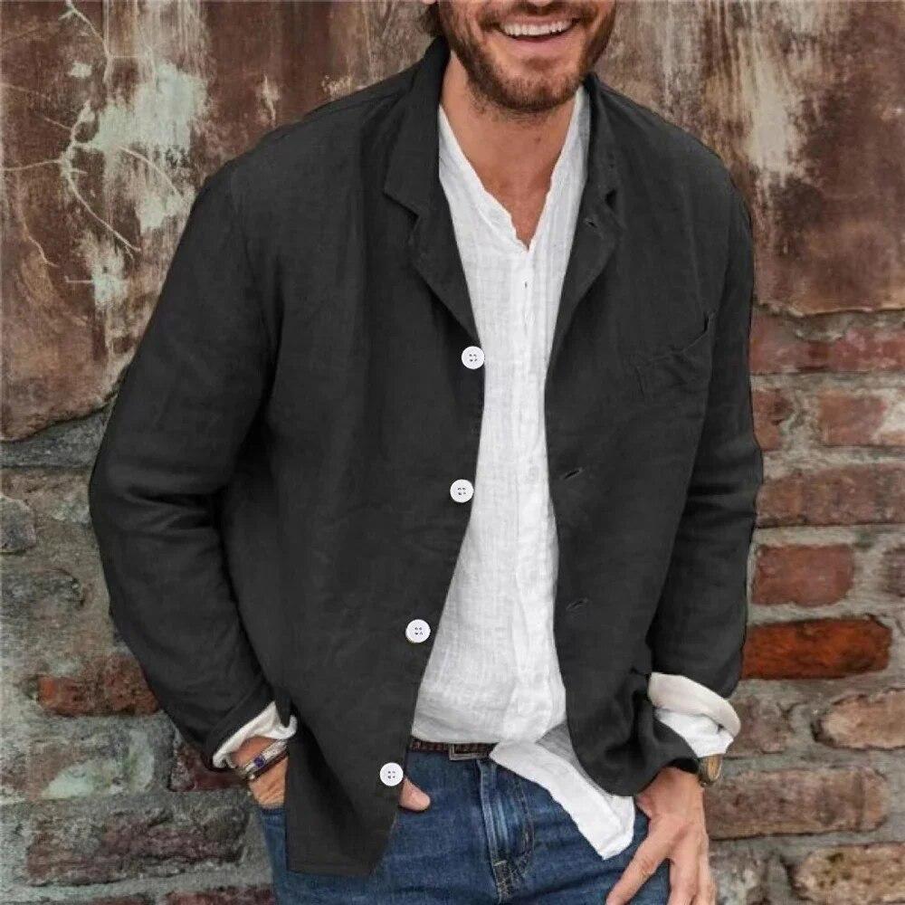 Decorations1 Heren lange mouwen katoenen linnen revers blazer jas knop vest shirts XXXL zwart