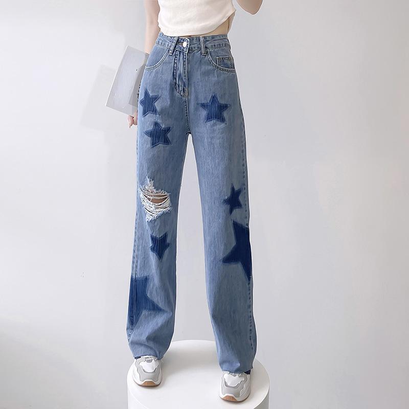 NiXis Damesjeansbroek Y2k Koreaanse stijl Trendy sterblauw Gescheurd Hoge taille Wijde pijpen Losse rechte denimbroek Modekleding 3XL blauw