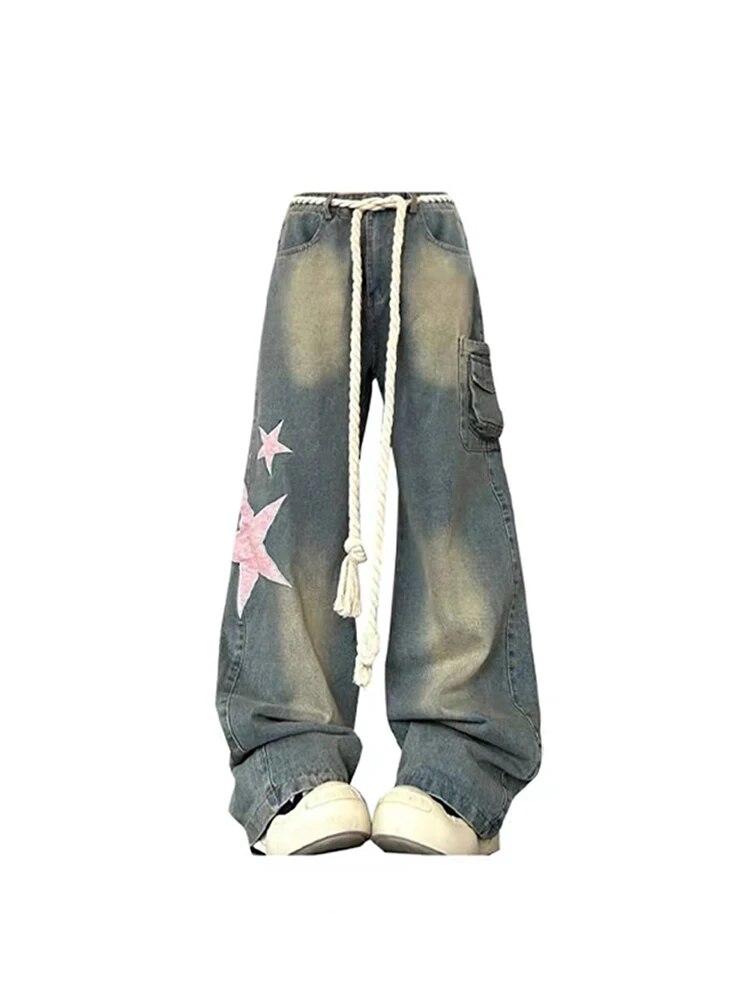 Diana Fashion Clothes Vintage Harajuku Oversize Baggy Star Print Jeans Dames Hoge Taille Jaren 2000 Y2k Denim Broek Vrouwelijke jaren 90 Esthetische Retro Wijde Pijpen Broek 2024 Nieuw XL blauw