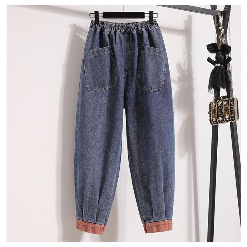 Dimanaf 2024 Plus Size Dames Jeans Broek Vintage Denim Harem Splice Vrouwelijke Elastiek Basic Blauwe Hoge Taille Broek Oversize Mode Nieuwe Broek 5XL 5XL blauw