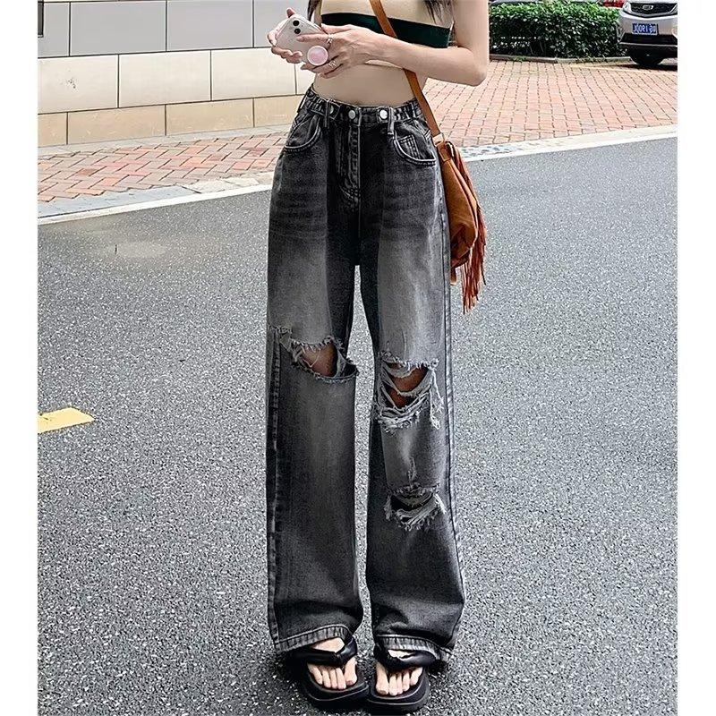 CANVAUS Retro hoge taille gebroken gaten grote maten jeans dames lente en herfst losse rechte broek met wijde pijpen Design Sense Drag-broek 5XL grijze kleur