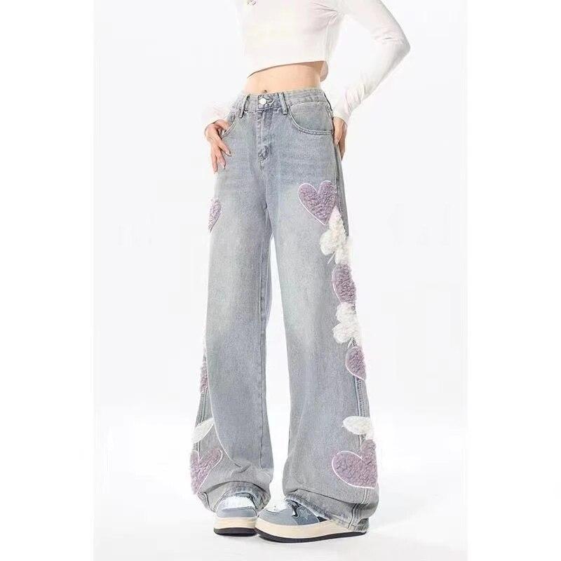 Exotic Vrouwen Jeans met hart Vintage Y2k 90s Esthetische Baggy Denim Broek 2000s Harajuku Kawaii Brede Cowboy Broek Trashy Kleding 2024 XL lichtblauwe kleur