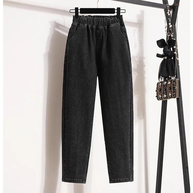 QGOOD Plus Size Vrouwen Jeans Broeken Hoge Taille Losse Denim Vrouwelijke Elastische Taille Lente Basic Zakken Broeken S zwart