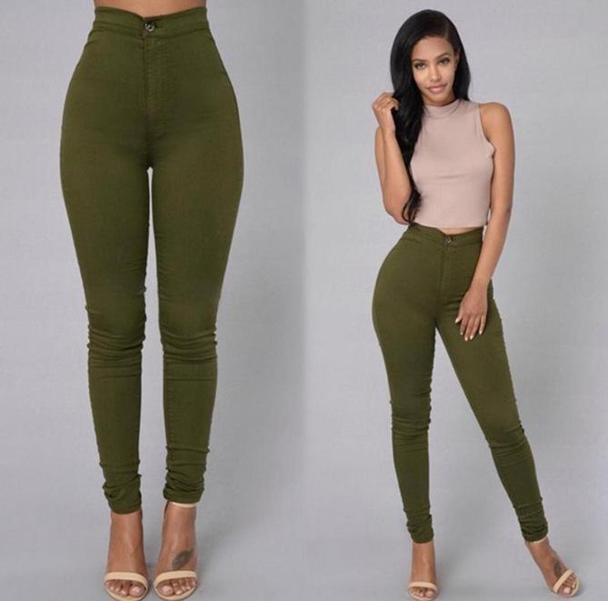 Mingxin clothing Dames stretch jeans buikcontrole pull-on jeggings hoge taille skinny jeans leggings met zakken trendy casual 3XL legergroene kleur