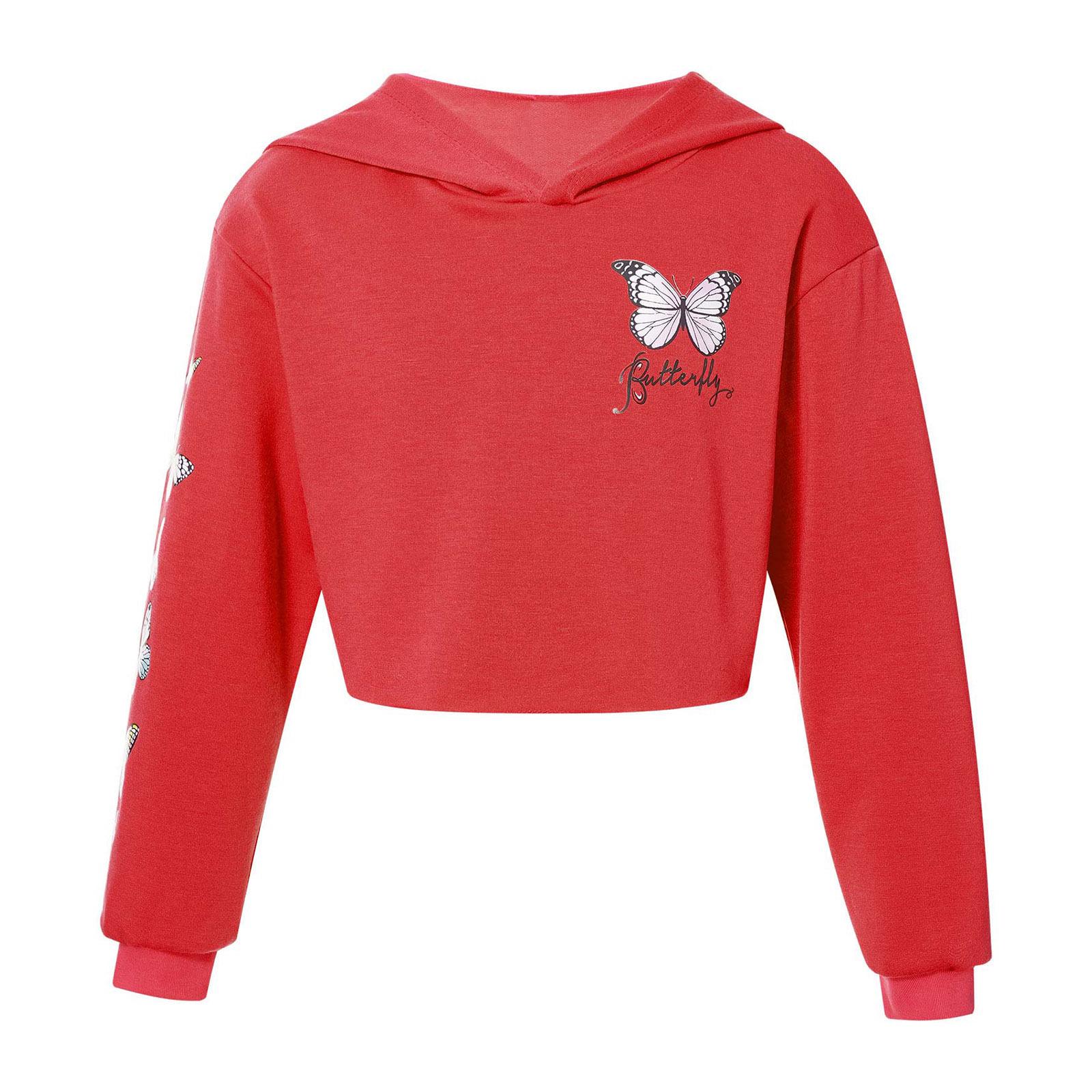 Sywiyi Meisjessweatshirt Vlinder Lange mouw Crop tops met capuchon Kinderhoodies Pullover Tops Street chic 7-8 Years rood