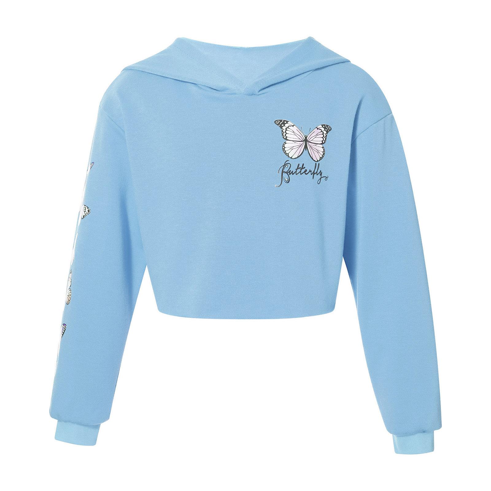 Sywiyi Meisjessweatshirt Vlinder Lange mouw Crop tops met capuchon Kinderhoodies Pullover Tops Street chic 11-12 Years lichtblauwe kleur