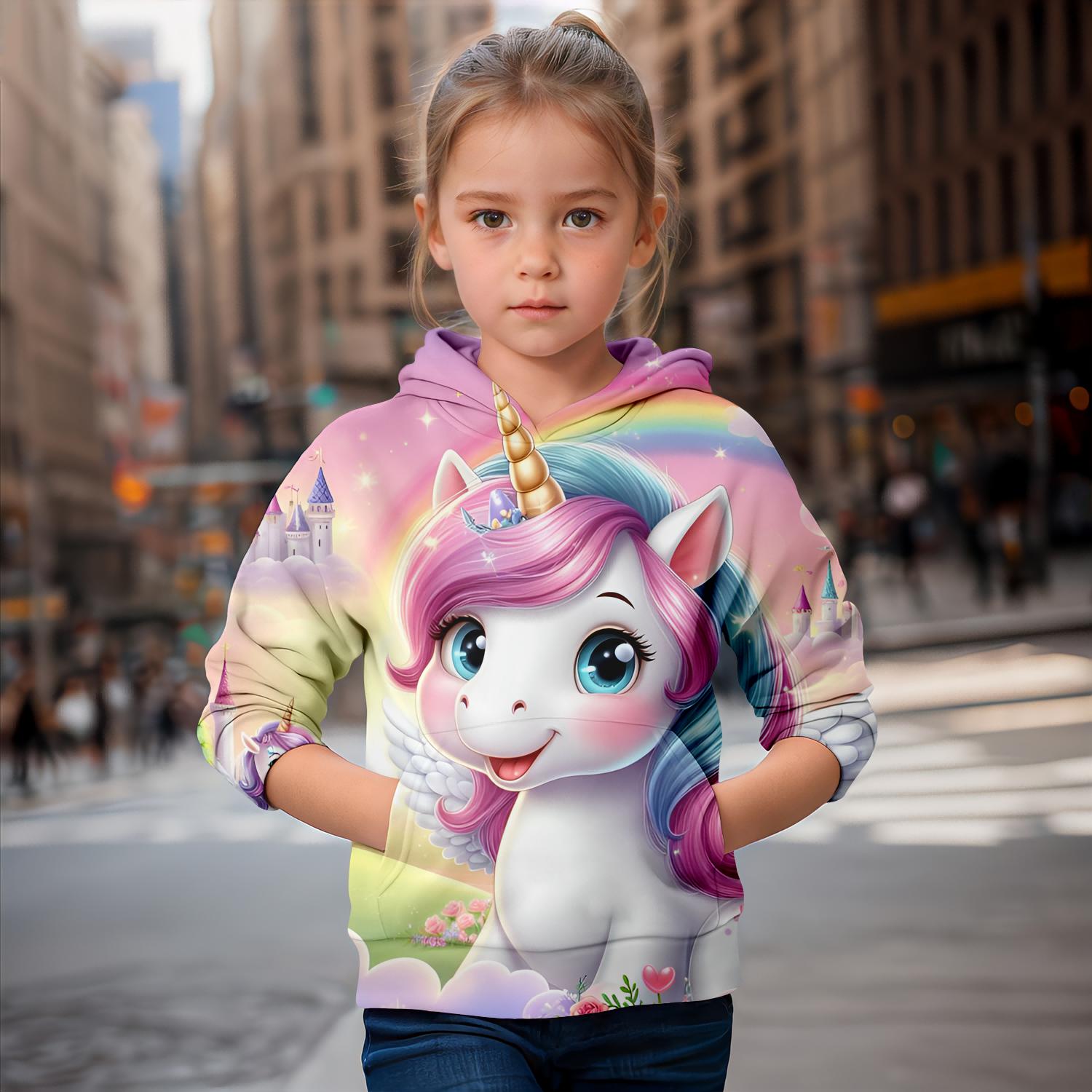 ETST 007 Cartoon Eenhoorn 3d Print Meisje Schattige Hoodies Lange Mouw Capuchon Sweatshirt Top Mooie Pullover Lente Herfst 2024 Kleding 100CM