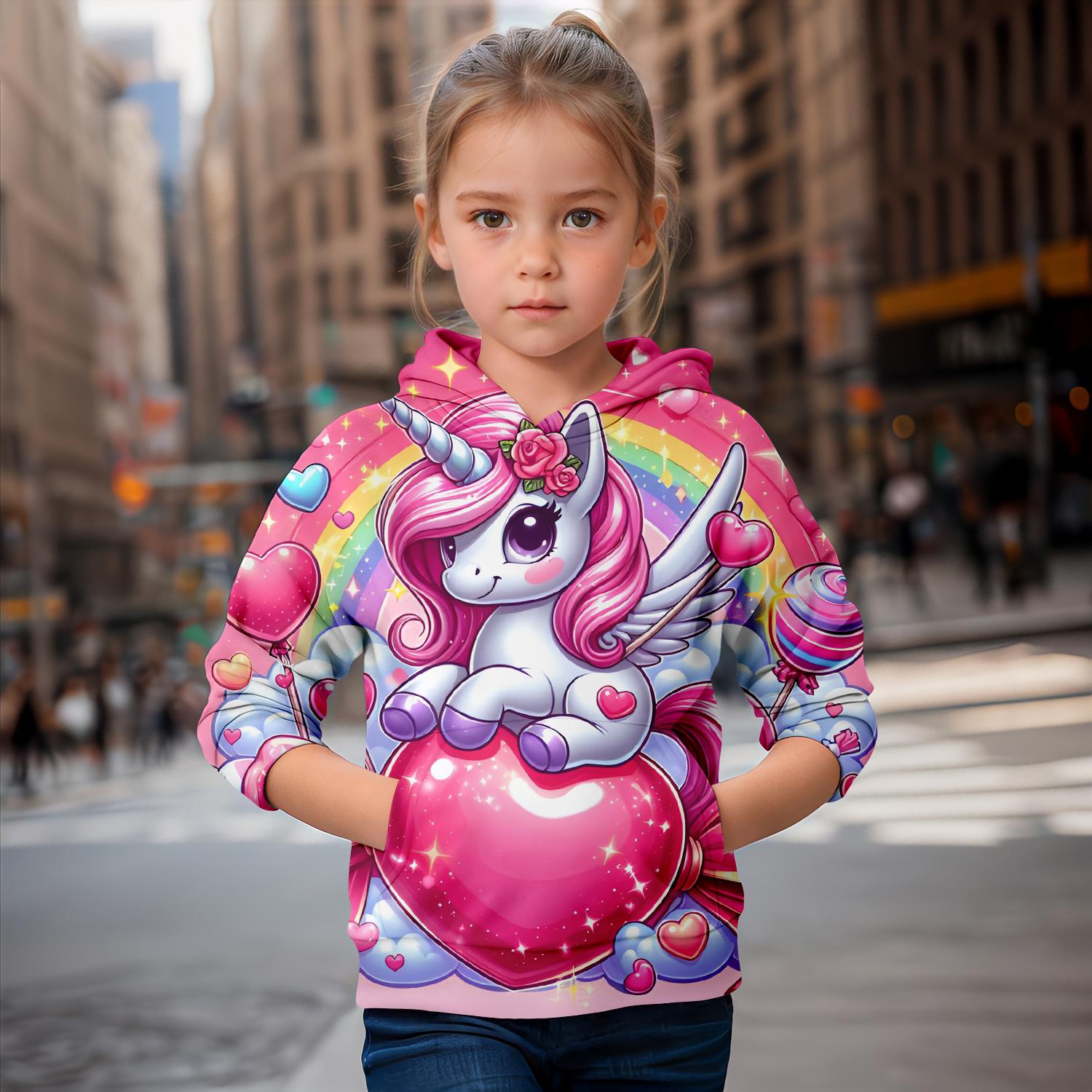 ETST 007 Cartoon Eenhoorn 3d Print Meisje Schattige Hoodies Lange Mouw Capuchon Sweatshirt Top Mooie Pullover Lente Herfst 2024 Kleding 150CM