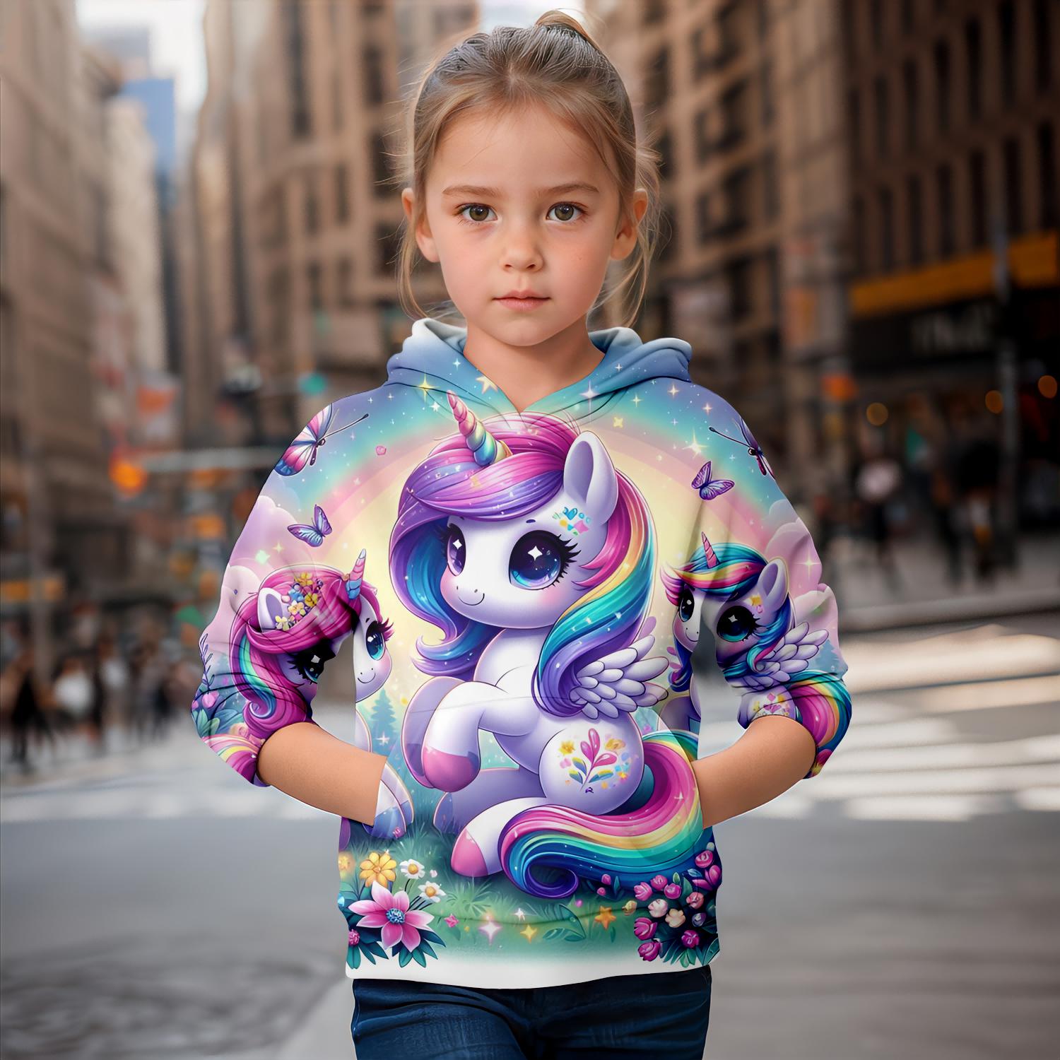 ETST 007 Cartoon Eenhoorn 3d Print Meisje Schattige Hoodies Lange Mouw Capuchon Sweatshirt Top Mooie Pullover Lente Herfst 2024 Kleding 140CM