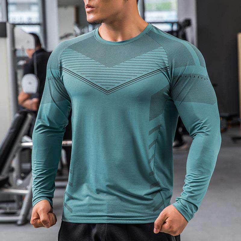Shedao Pro Fitness Sporting Heren sportkleding Gym T-shirts Lange mouwen Compressie Snel drogende hardloopshirts Ronde hals Sporttop XXXL groen
