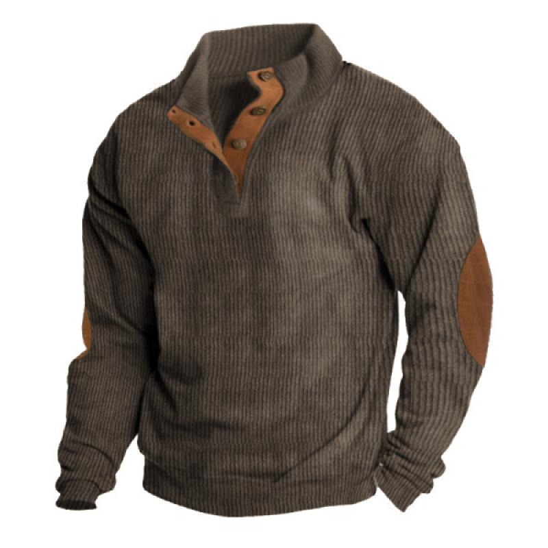 Wangpai Apparel Heren effen corduroy pullover Henley casual lange mouw T-shirt XXXL koffie