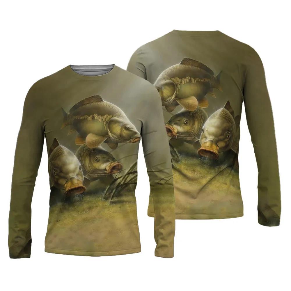 ETST 007 Modieus herenvissersshirt 3D-geprint vispak Ademend T-shirt Lange mouwen Zomer Buitensporten Ronde hals Vissen L
