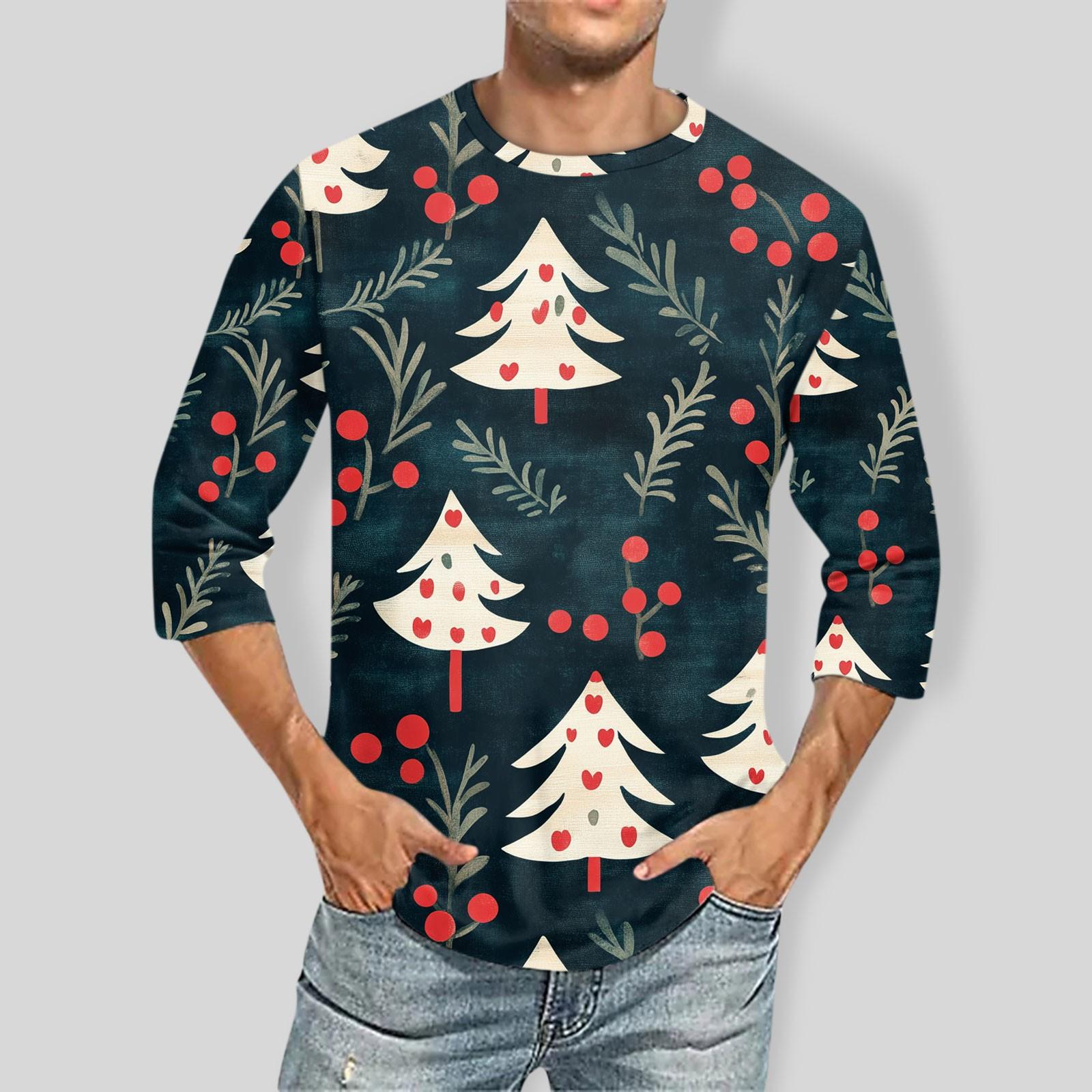 Molihua Men's Christmas print Round Neck Three Quarter Sleeve Top T-shirt M